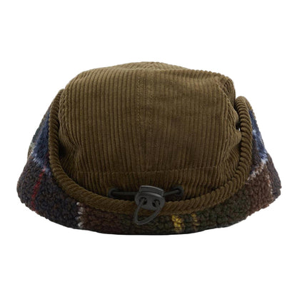 Olive green corduroy Barbour trapper hat with tartan fleece-lined ear flaps and an adjustable black toggle cord.