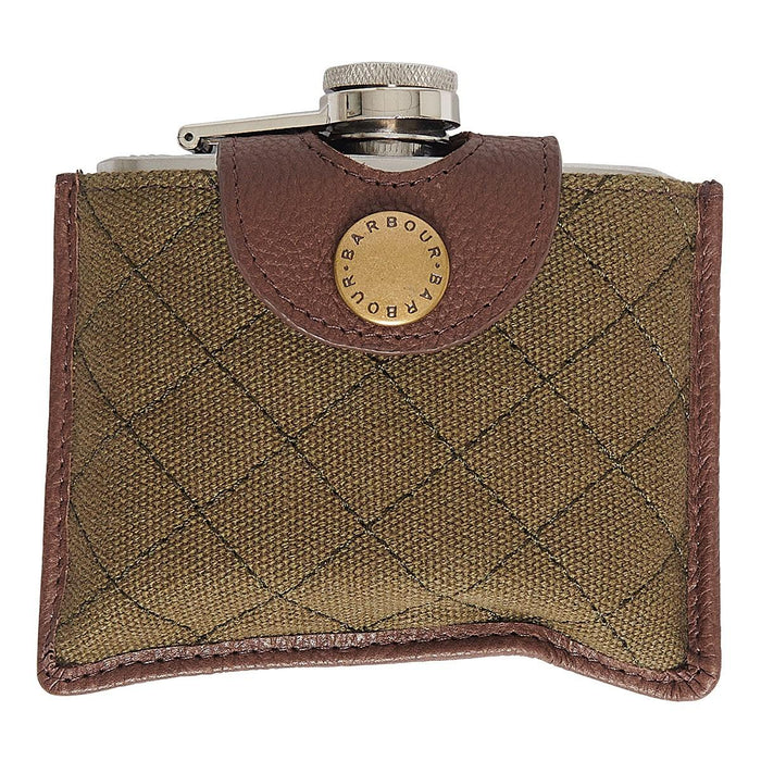 Barbour stainless steel hip flask in an olive quilted cover with a brown leather trim and branded stud fastening.