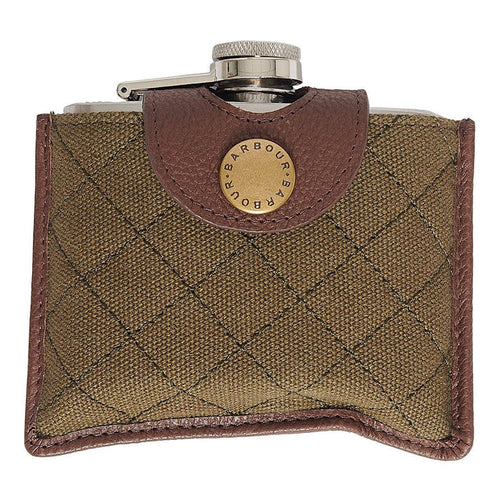 Barbour stainless steel hip flask in an olive quilted cover with a brown leather trim and branded stud fastening.