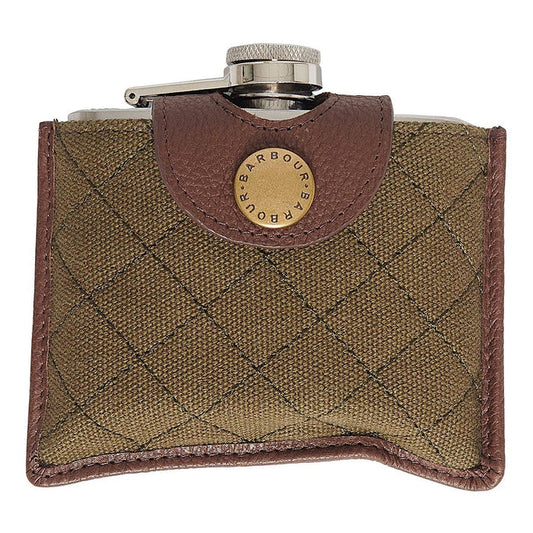 Barbour stainless steel hip flask in an olive quilted cover with a brown leather trim and branded stud fastening.