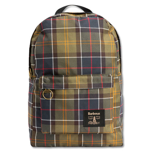 Barbour Torridon tartan backpack in olive green with a front zip pocket, gold-tone ring, and branded lighthouse patch.