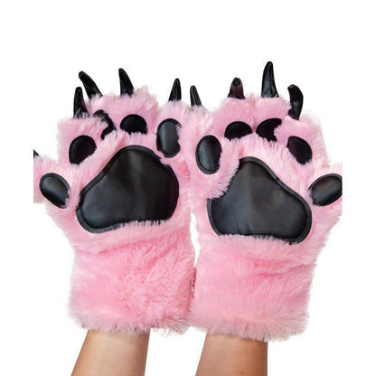 Plush pink faux fur bear paw mitts featuring black vinyl claws and paw pads on a white background.