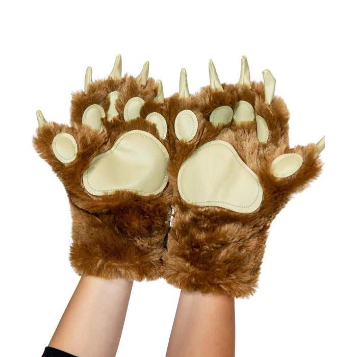Plush brown faux fur bear paw mitts featuring light-colored vinyl claws and padded paw prints on a white background.