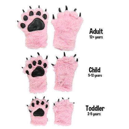 Plush pink faux fur bear paw mitts with black vinyl pads and claws, shown in adult, child, and toddler sizes.