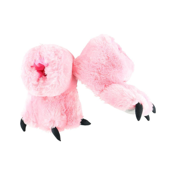 Cozy pink faux-fur bear paw slippers with soft fleece lining, black claw details, and non-skid soles on a white background.