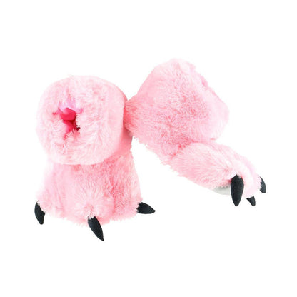 Cozy pink faux-fur bear paw slippers with soft fleece lining, black claw details, and non-skid soles on a white background.