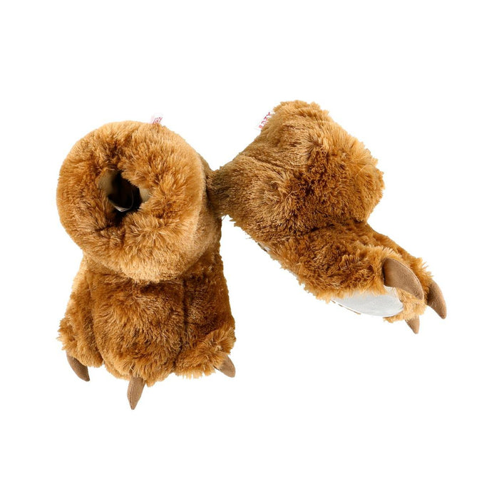 Cozy brown faux-fur bear paw slippers with soft fleece lining, padded footbeds, and playful felt claws on a white background.