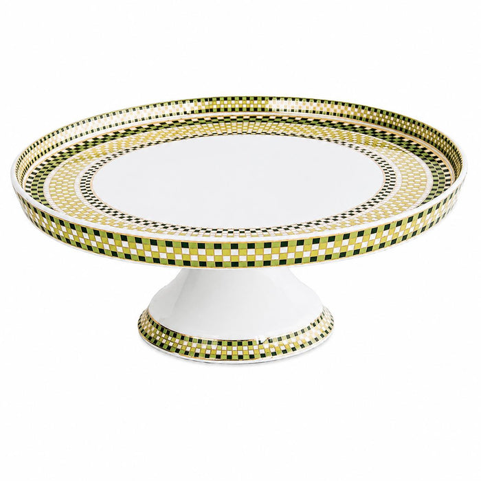 Beatriz Ball ceramic pedestal cake plate featuring a green and gold checkered pattern on a white glazed finish.