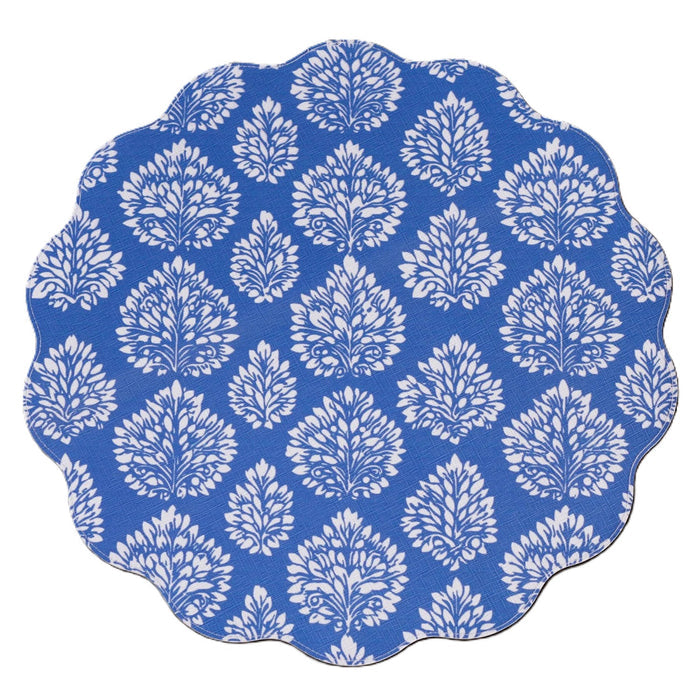 Beatriz Ball round placemat with a blue and white floral pattern and a textured, leatherlike linen finish.