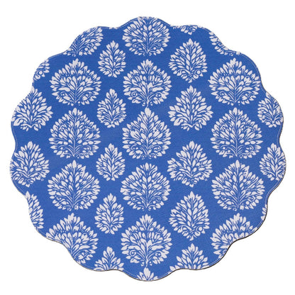 Beatriz Ball round placemat with a blue and white floral pattern and a textured, leatherlike linen finish.