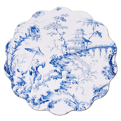 Round 15.5-inch placemat with blue and white Chinoiserie pagoda print on a textured, leatherlike linen material.