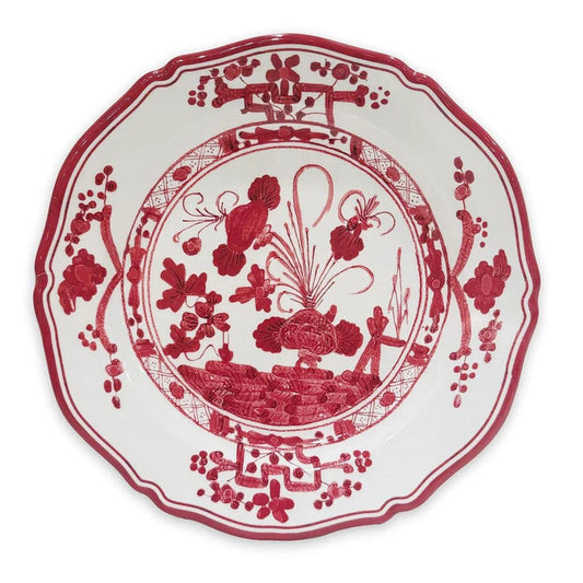 Beatriz Ball 11-inch melamine dinner plate with a white base and intricate red floral and geometric border design.