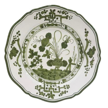 Beatriz Ball 11-inch melamine dinner plate with a scalloped edge and intricate green botanical pattern on white.