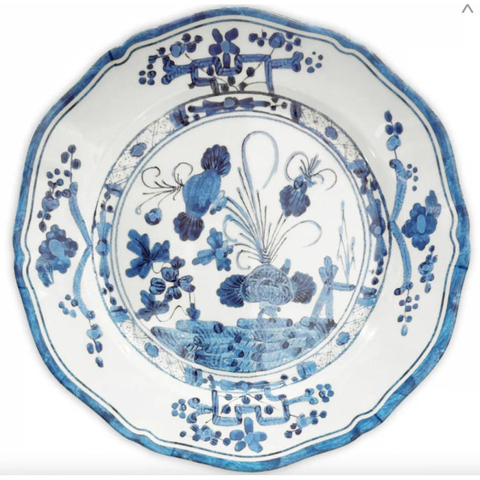 Beatriz Ball 11-inch melamine dinner plate with blue and white floral chinoiserie pattern and scalloped edges.