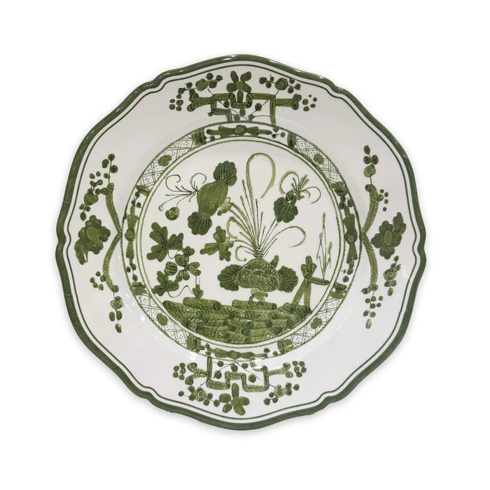 Beatriz Ball Vida Faenza 9-inch melamine salad plate with green floral patterns and a scalloped edge on a white background.