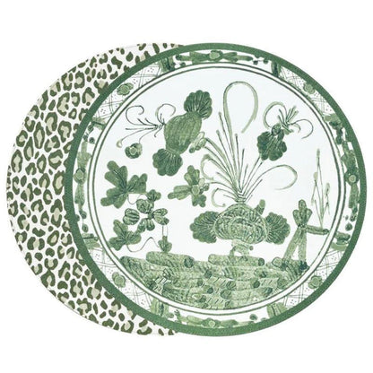 Beatriz Ball 15.5-inch reversible placemats featuring a green Faenza floral pattern and a bold cheetah print design.
