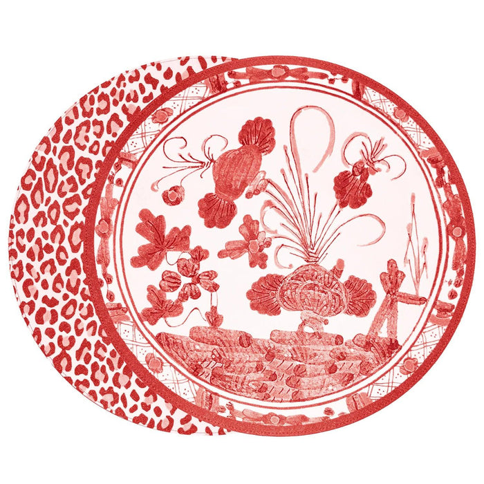 Reversible 15.5-inch round placemats featuring a red Faenza floral pattern on one side and a bold red cheetah print on the other.