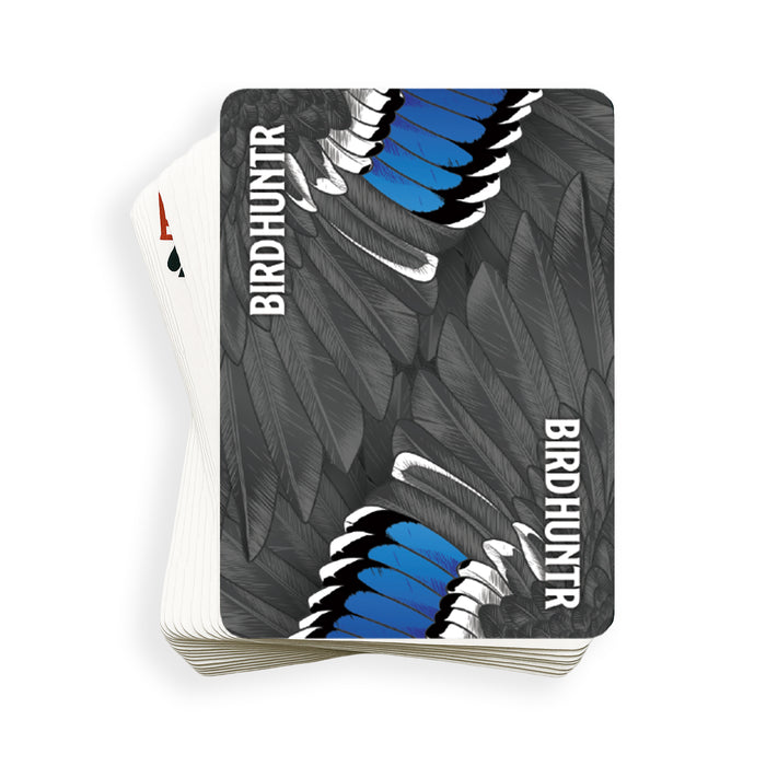 Deck of Bird Hunter playing cards featuring a grey feather pattern with blue accents and white text on a white background.