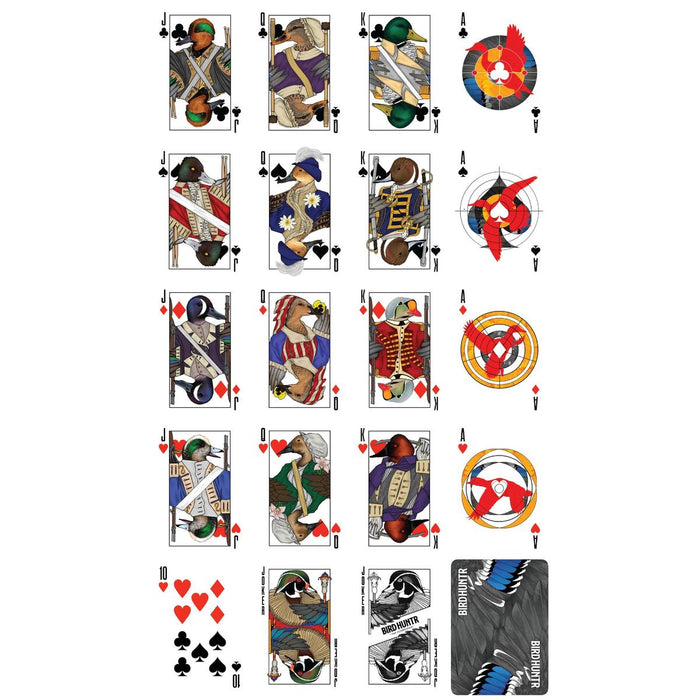 Bird Hunter playing cards featuring custom duck illustrations, colorful suits, and a black and white patterned card back.