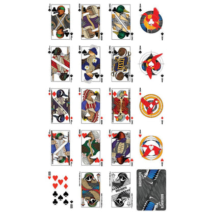 Bird Hunter playing cards featuring custom duck illustrations, colorful suits, and a black and white patterned card back.