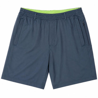 Dark grey Birddogs 6-inch shorts with an elastic waistband, lime green interior lining, and zippered side pockets.