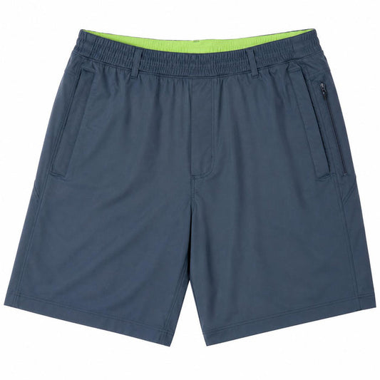 Dark grey Birddogs 6-inch shorts with an elastic waistband, lime green interior lining, and zippered side pockets.
