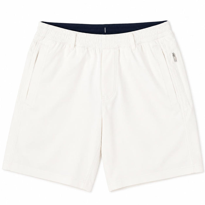 Off-white Birddogs 6-inch twill shorts with an elastic waistband, side pockets, and a secure zippered hip pocket.