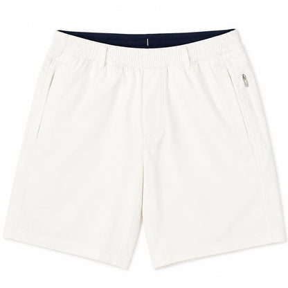 Off-white Birddogs 6-inch twill shorts with an elastic waistband, side pockets, and a secure zippered hip pocket.