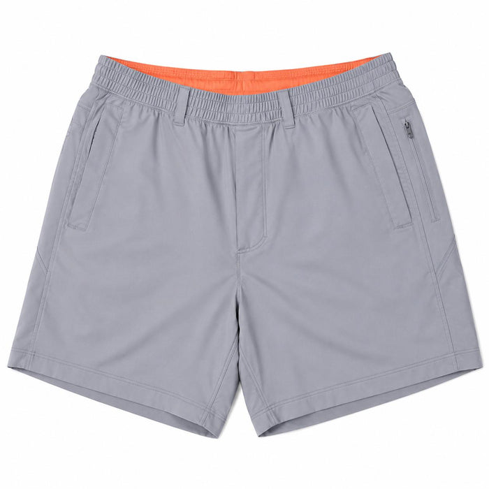 Grey Birddogs 7-inch stretch shorts with an elastic waistband, side pockets, and a bright orange interior lining.