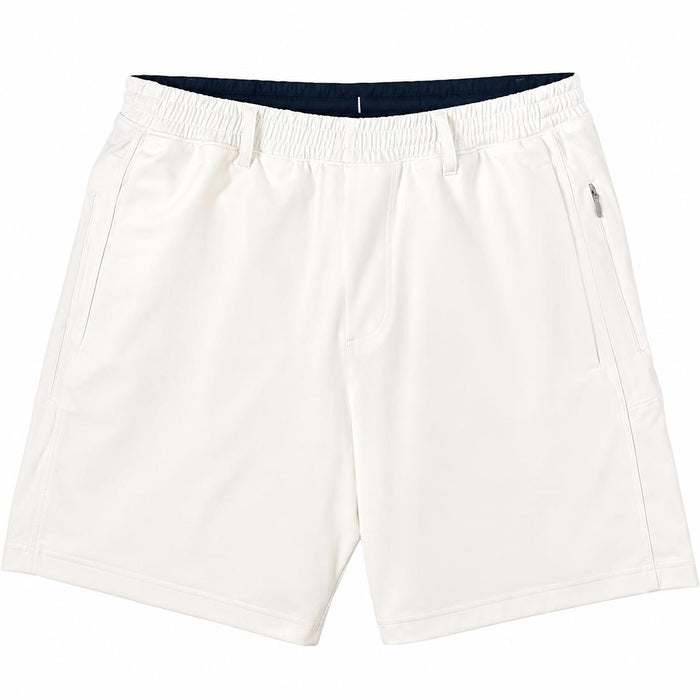 White Birddogs 7-inch stretch twill shorts with an elastic waistband, zippered hip pocket, and dark interior lining.