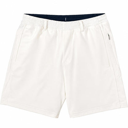 White Birddogs 7-inch stretch twill shorts with an elastic waistband, zippered hip pocket, and dark interior lining.