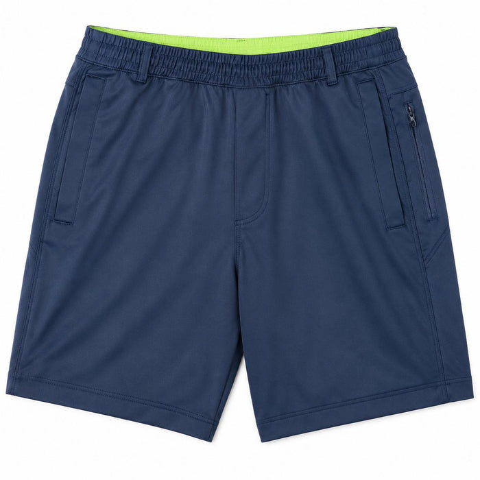 Navy blue Birddogs 7-inch shorts with an elastic waistband, lime green interior lining, and a zippered hip pocket.
