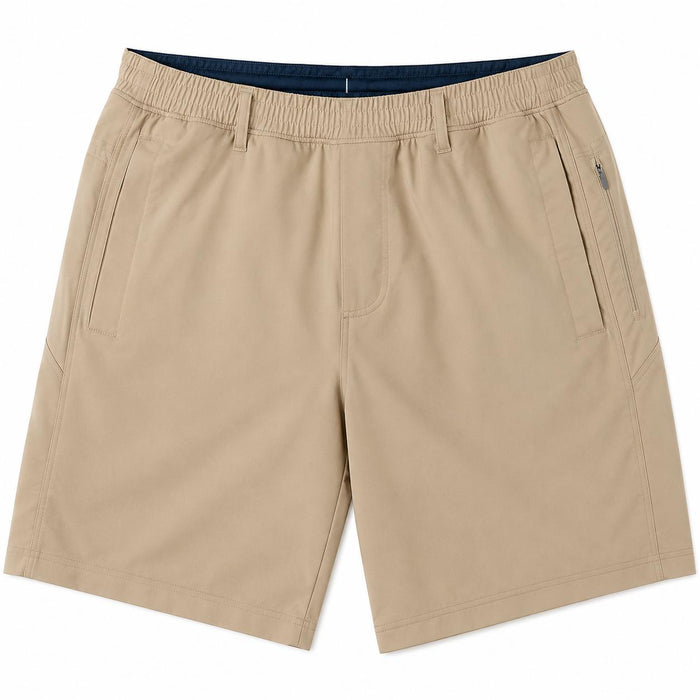 Tan Birddogs 7-inch stretch twill shorts with an elastic waistband, side pockets, and a zippered hip pocket.