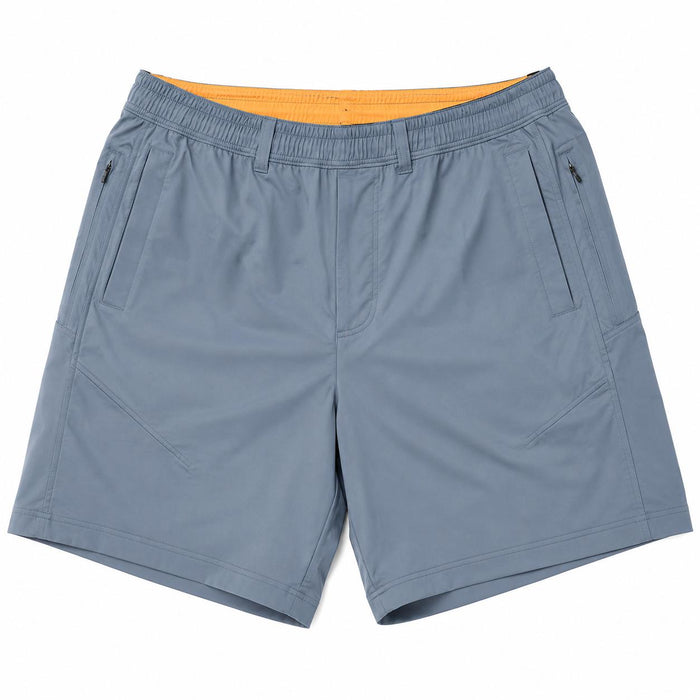 Blue Birddogs 7-inch shorts featuring an elastic waistband, zippered side pockets, and a contrasting orange interior lining.