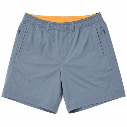 Blue Birddogs 7-inch shorts featuring an elastic waistband, zippered side pockets, and a contrasting orange interior lining.