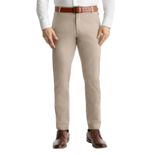 Slim-fit khaki stretch pants in a lightweight cotton blend, worn with a brown leather belt and dress shoes.