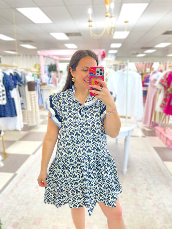 Blue Poppy with Ruffle Hem Dress (Lt Blue/Navy)