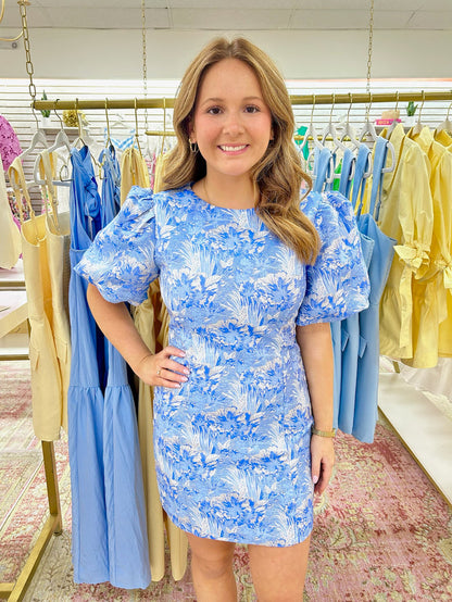 Blue Toile Metallic Mini Dress