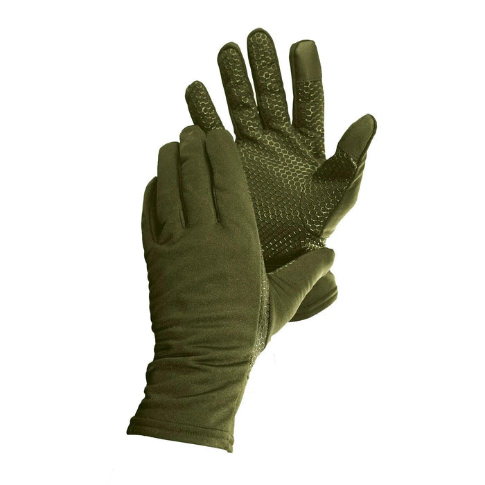Olive green nylon shooting gloves with a silicone-textured grip palm and seamless trigger finger design.