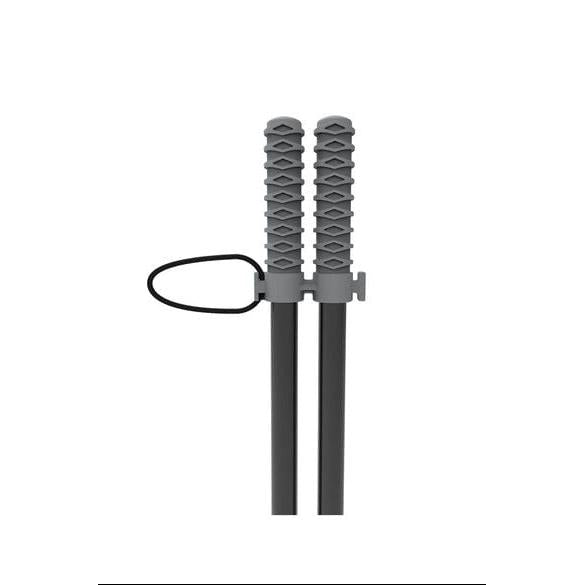 BOG Deadshot compact bipod with black aluminum legs, grey rubberized grips, and an integrated carrying lanyard.