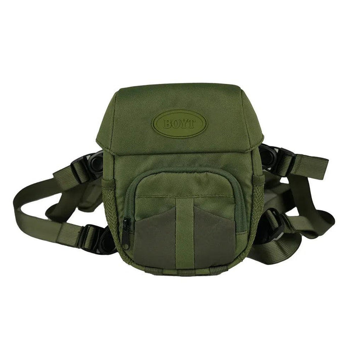 Olive green Boyt binocular case with magnetic flip-up lid, front accessory pocket, and adjustable harness straps.