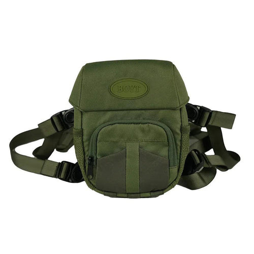 Olive green Boyt binocular case with magnetic flip-up lid, front accessory pocket, and adjustable harness straps.
