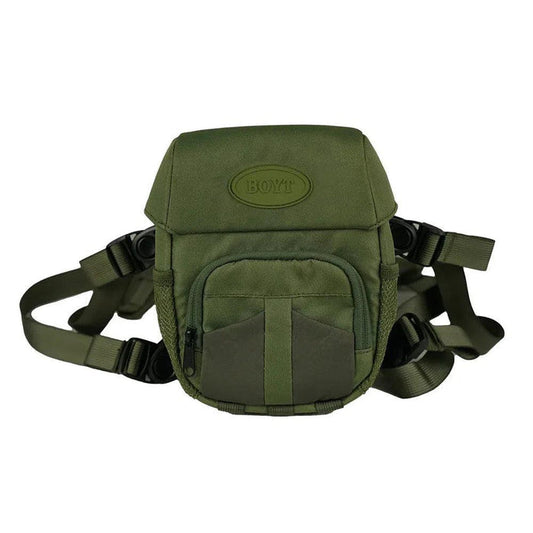 Olive green Boyt binocular case with magnetic flip-up lid, front accessory pocket, and adjustable harness straps.
