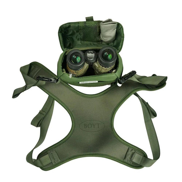 Olive green Boyt bino case with magnetic flip-up lid, interior mesh pockets, and breathable soft shell harness system.