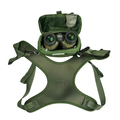 Olive green Boyt bino case with magnetic flip-up lid, interior mesh pockets, and breathable soft shell harness system.
