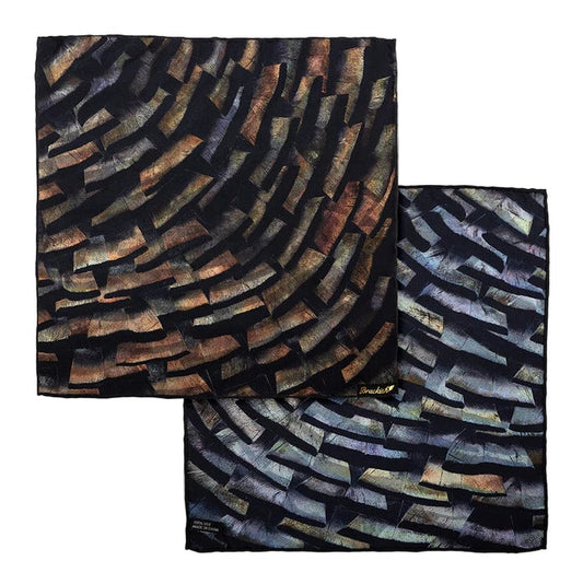 Brackish 12-inch silk pocket square featuring a dynamic copper and slate feather-inspired graphic print.