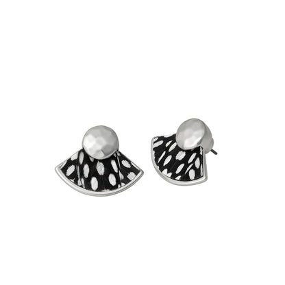 Brackish Hiott fan stud earrings featuring black and white spotted guinea feathers with sterling silver plated accents.