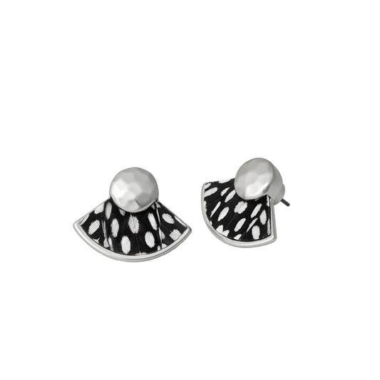 Brackish Hiott fan stud earrings featuring black and white spotted guinea feathers with sterling silver plated accents.