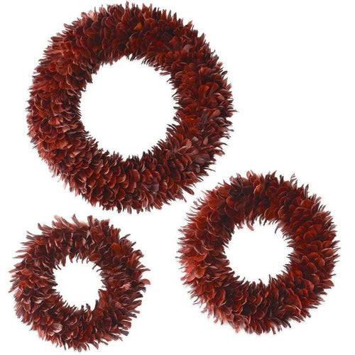 Three round burgundy feather wreaths in varying sizes for elegant fall home decor.