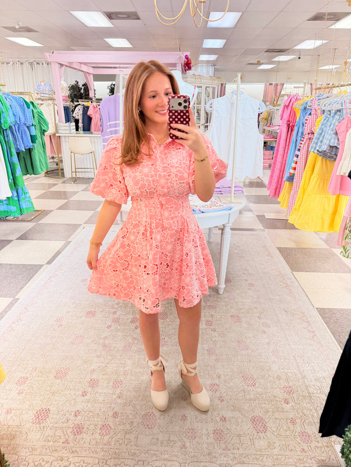 By the Bay Eyelet Puff Sleeve Mini Dress (Pink)